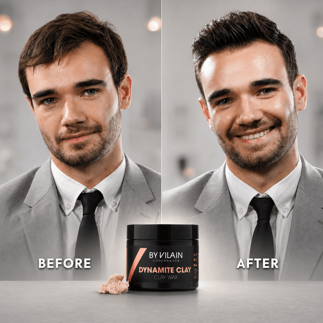 Før-og-efter-transformation af en herrefrisure med tekstureret volumen og en naturlig mat finish, stylet med By Vilain Dynamite Clay.