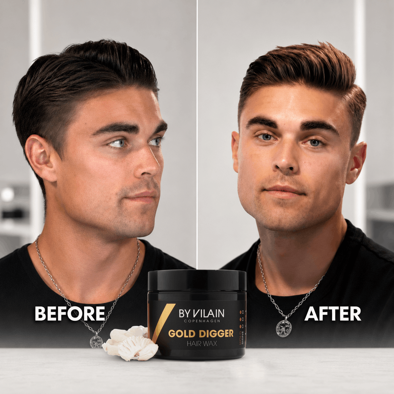 Før-og-efter-transformation af en herrefrisure med en struktureret quiff og stærk definition, stylet med By Vilain Gold Digger Hair Wax.