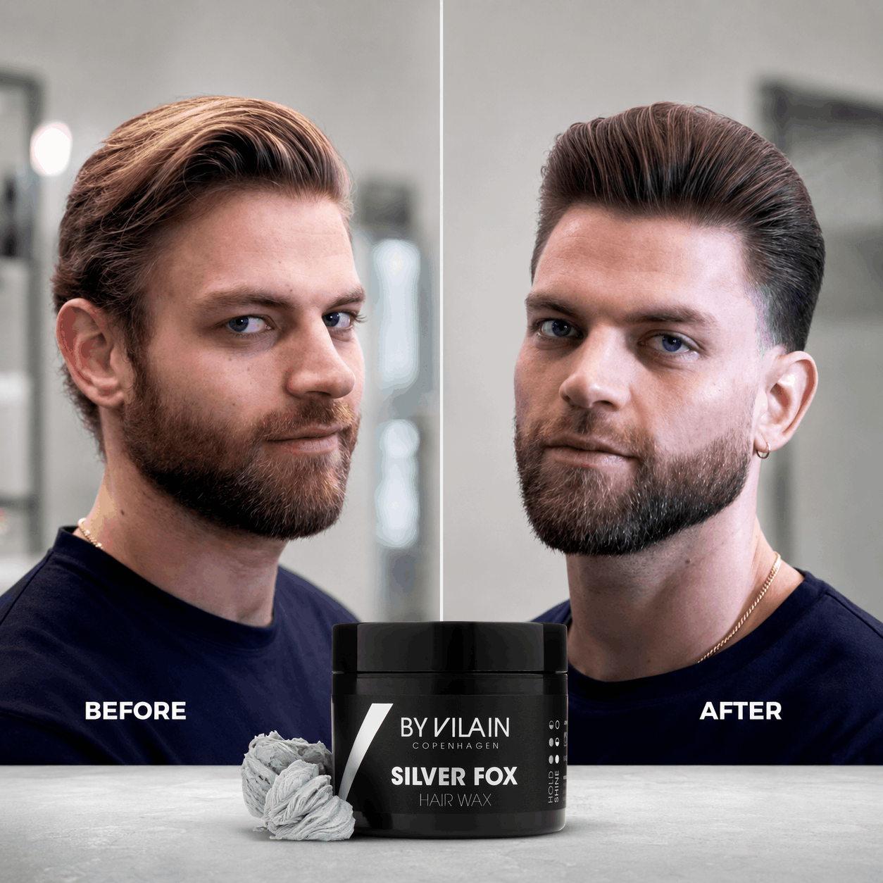 Før-og-efter-transformation af en herrefrisure med en glat, tilbagestrøget finish, stylet med By Vilain Silver Fox Hair Wax.